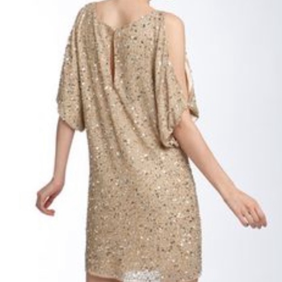 Aidan Mattox Gold Sequins Dress Cold Shoulder Size 2 - Picture 3 of 13